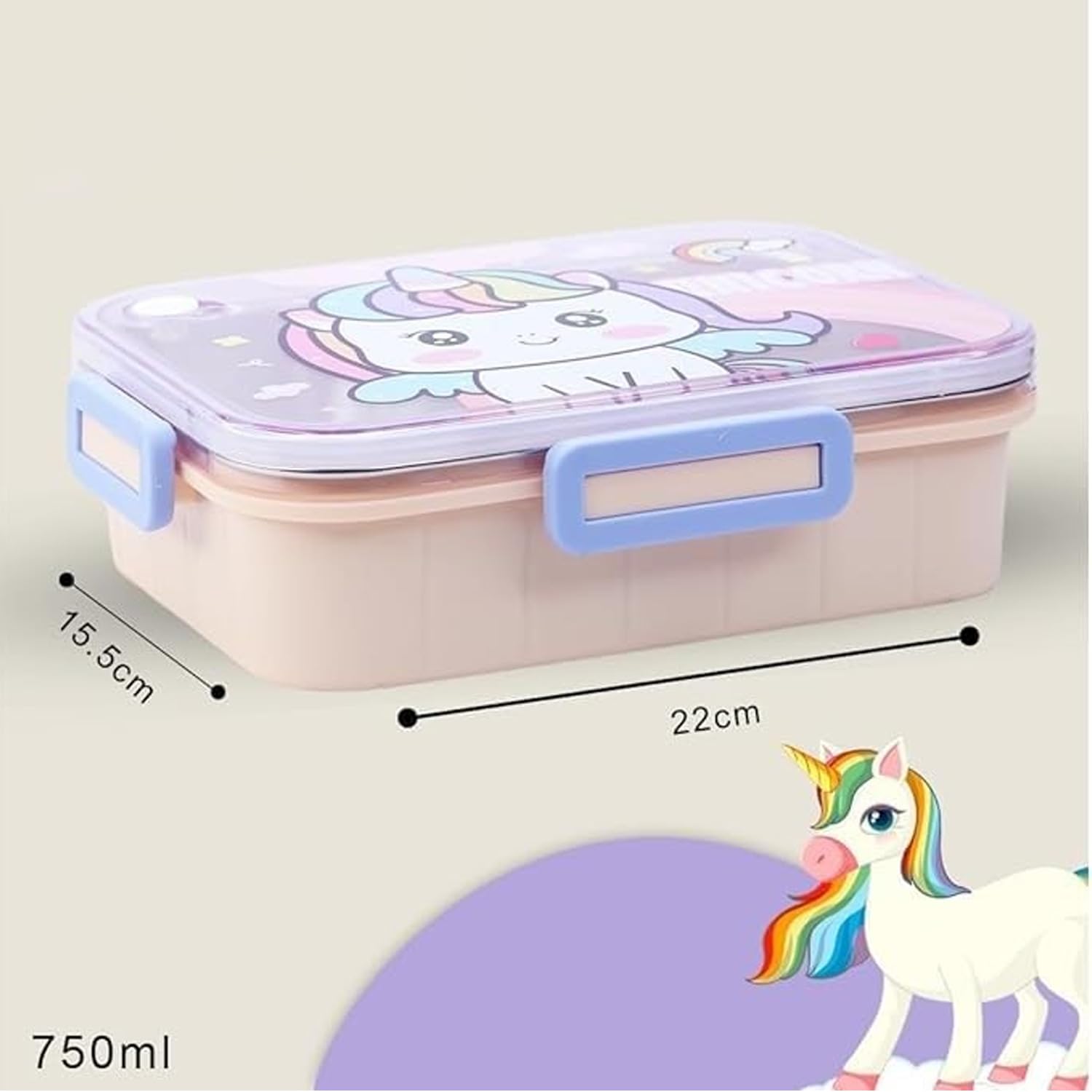Stainless Steel Lunch Box with Fork, Chopstick & Spoon 3 Compartment for School Kids - Unicorn Magic (710ML)