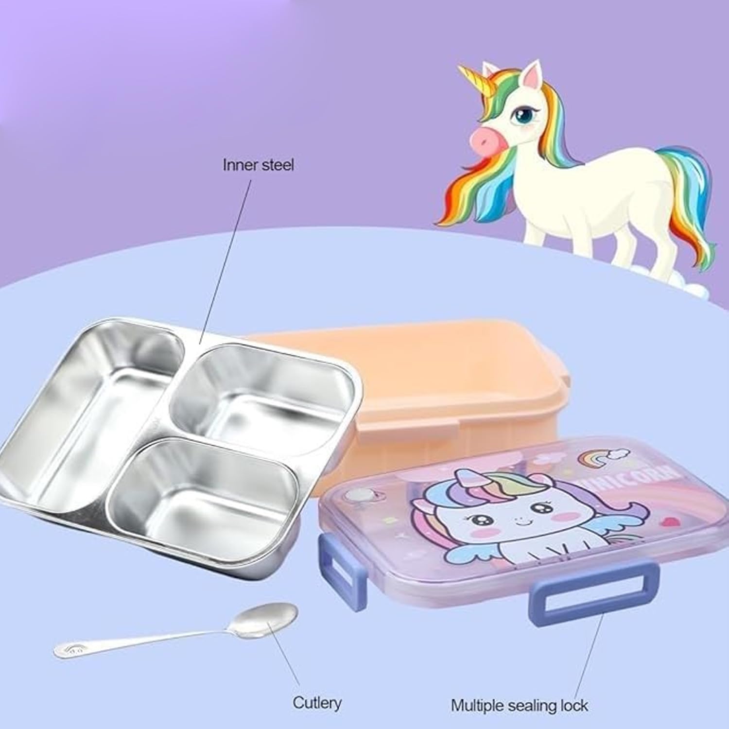 Stainless Steel Lunch Box with Fork, Chopstick & Spoon 3 Compartment for School Kids - Unicorn Magic (710ML)