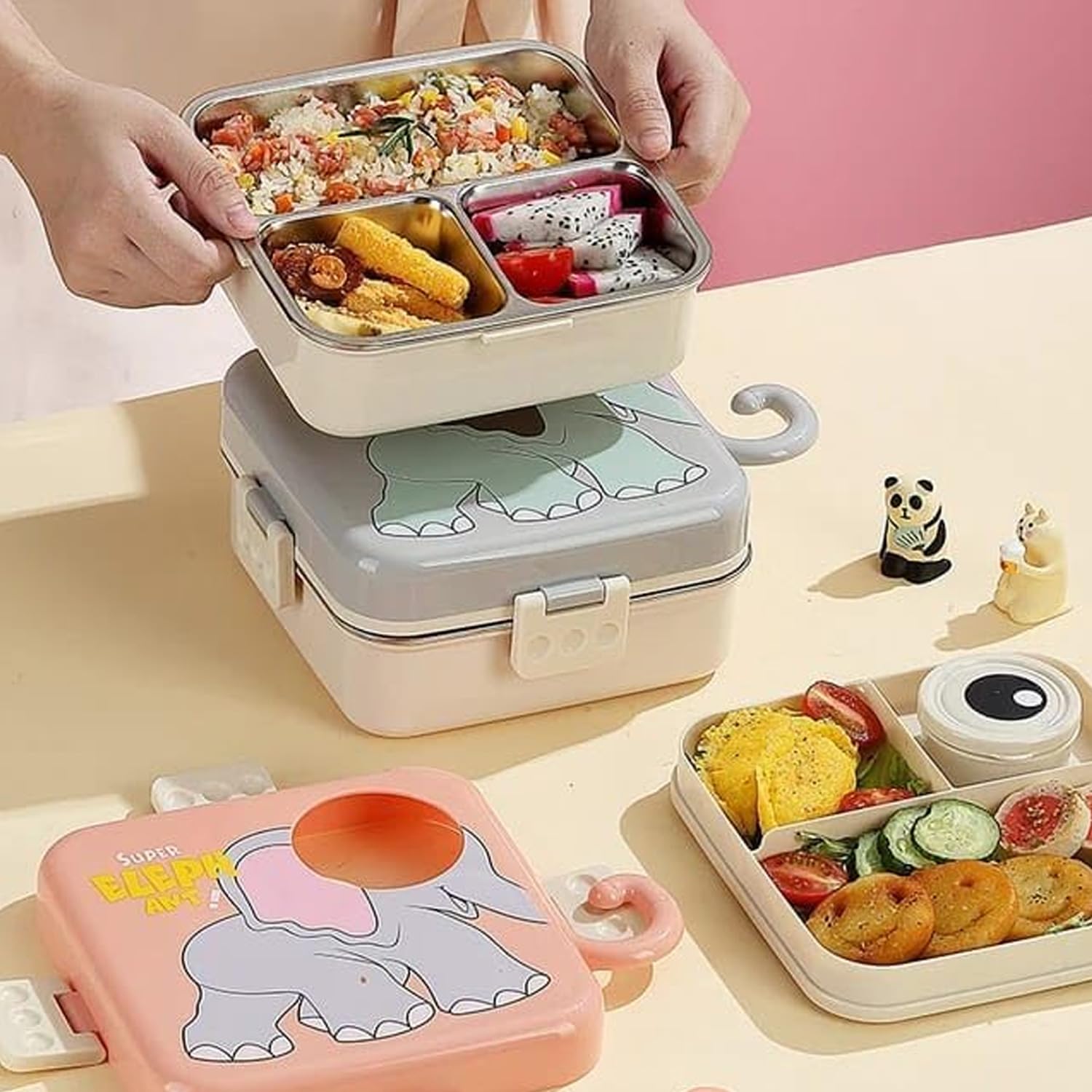 Elephant Design School Lunch Box Food Container 1120ml+70ml Stainless Steel Lunch Box for Kids