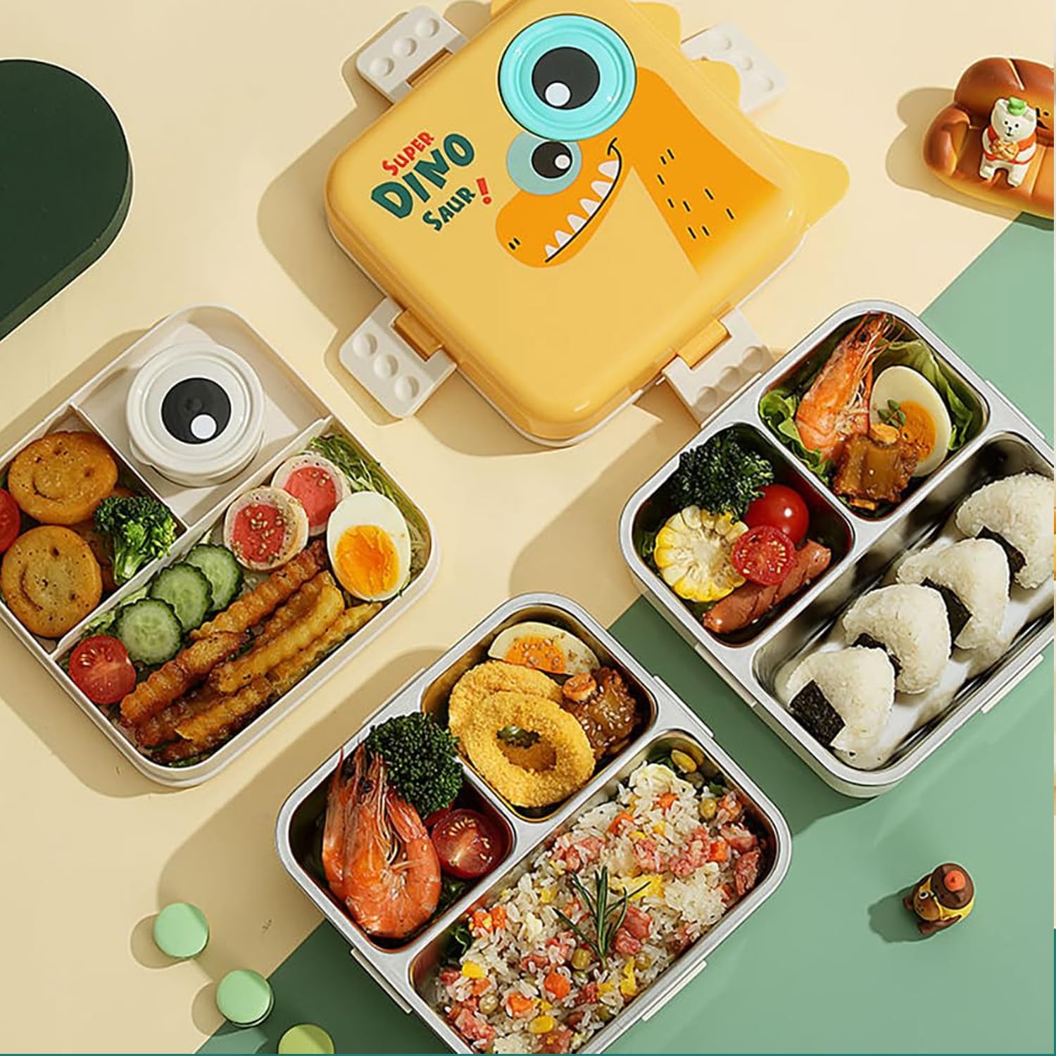 Dino Design School Lunch Box Food Container 1120ml+70ml Stainless Steel Lunch Box for Kids