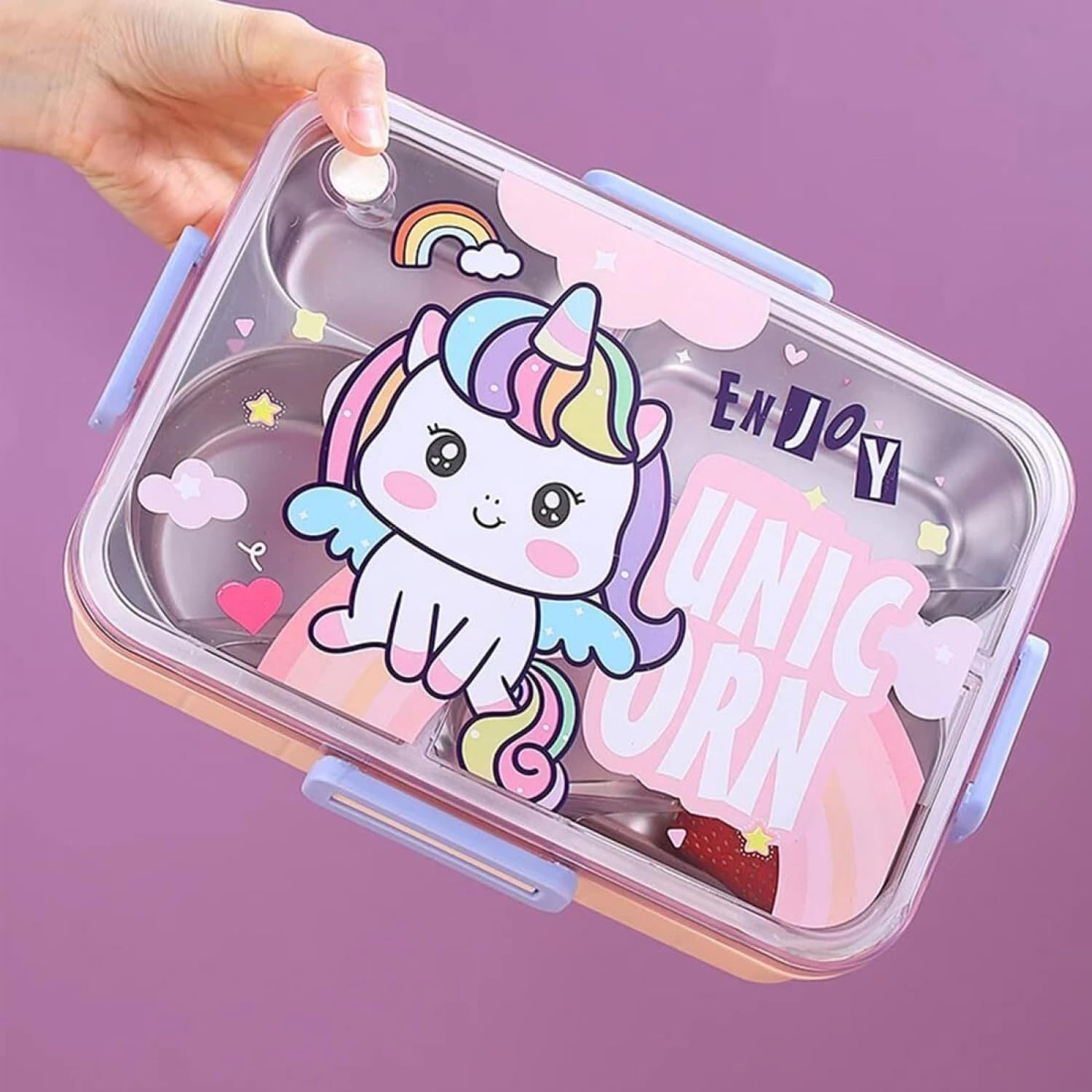 Stainless Steel Lunch Box with Fork, Chopstick & Spoon 3 Compartment for School Kids - Unicorn (850ML)