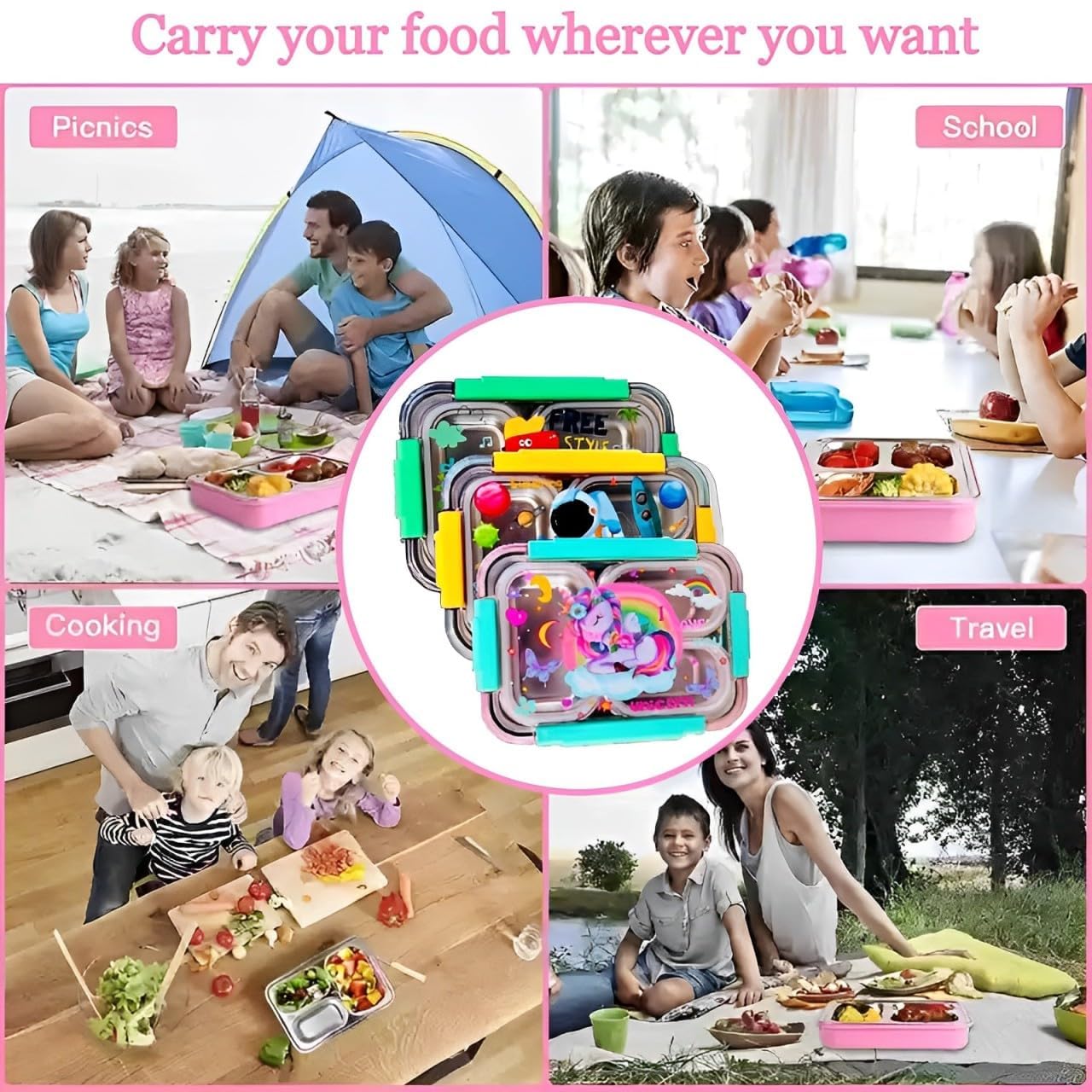Stainless Steel Lunch Box with Fork, Chopstick & Spoon 3 Compartment for School Kids - Dinosaur (710ML)