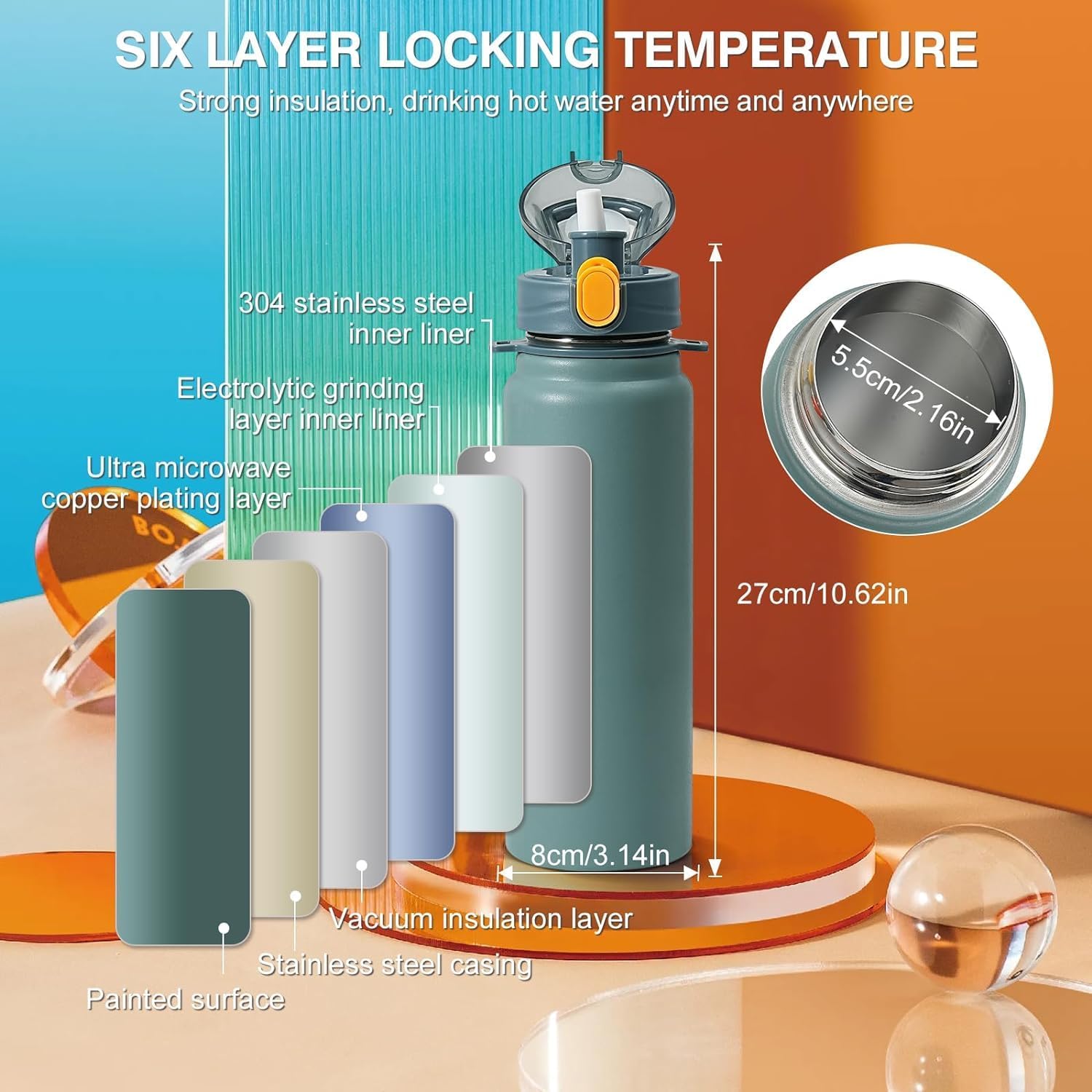 Stainless Steel Vacuum Insulated Water Bottle, 13 hrs Hot & 15 Hrs Cold Thermos - Black 800ML