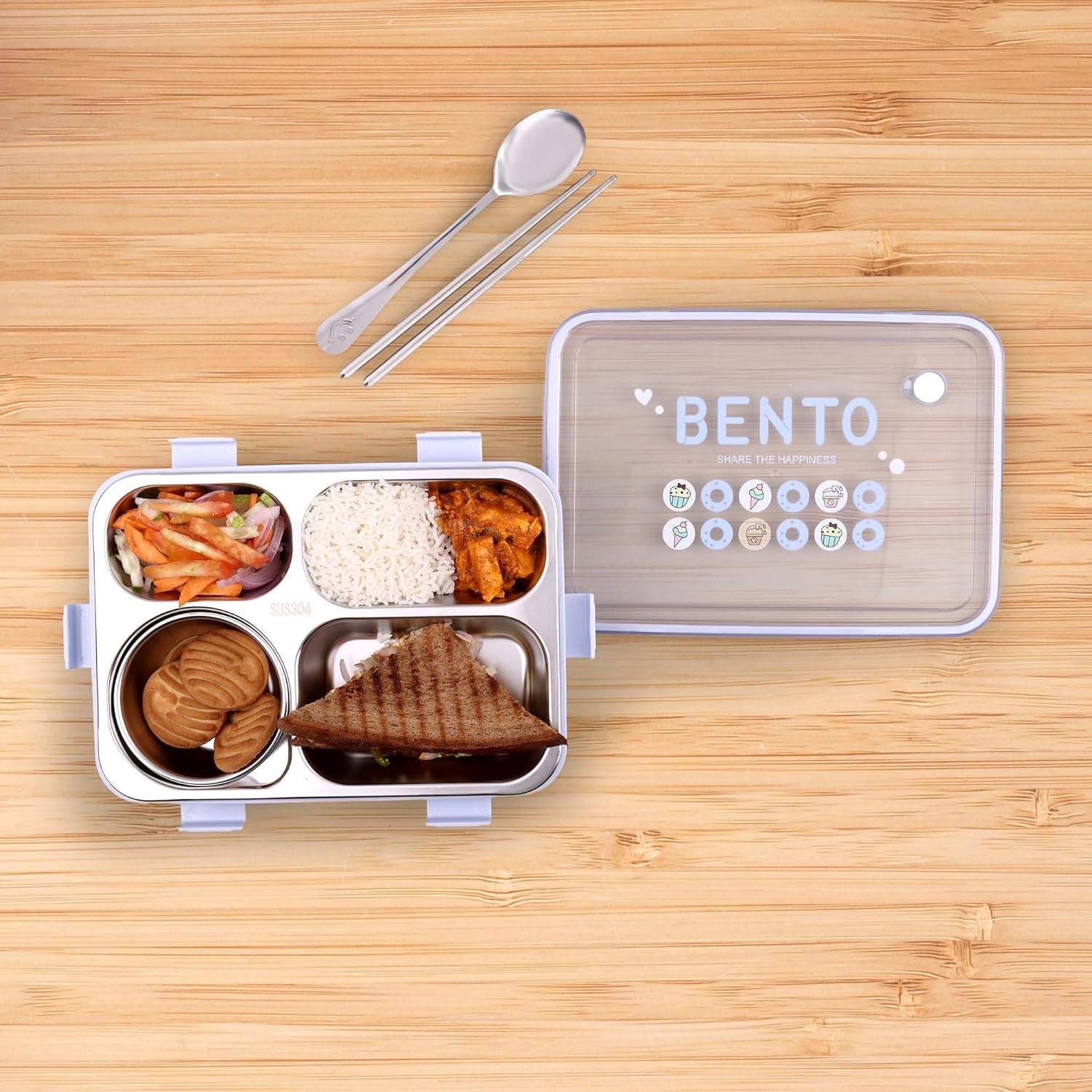 Stainless Steel Lunch Box with Fork, Chopstick & Spoon 4 Compartment for School Kids - Pink 1000ml