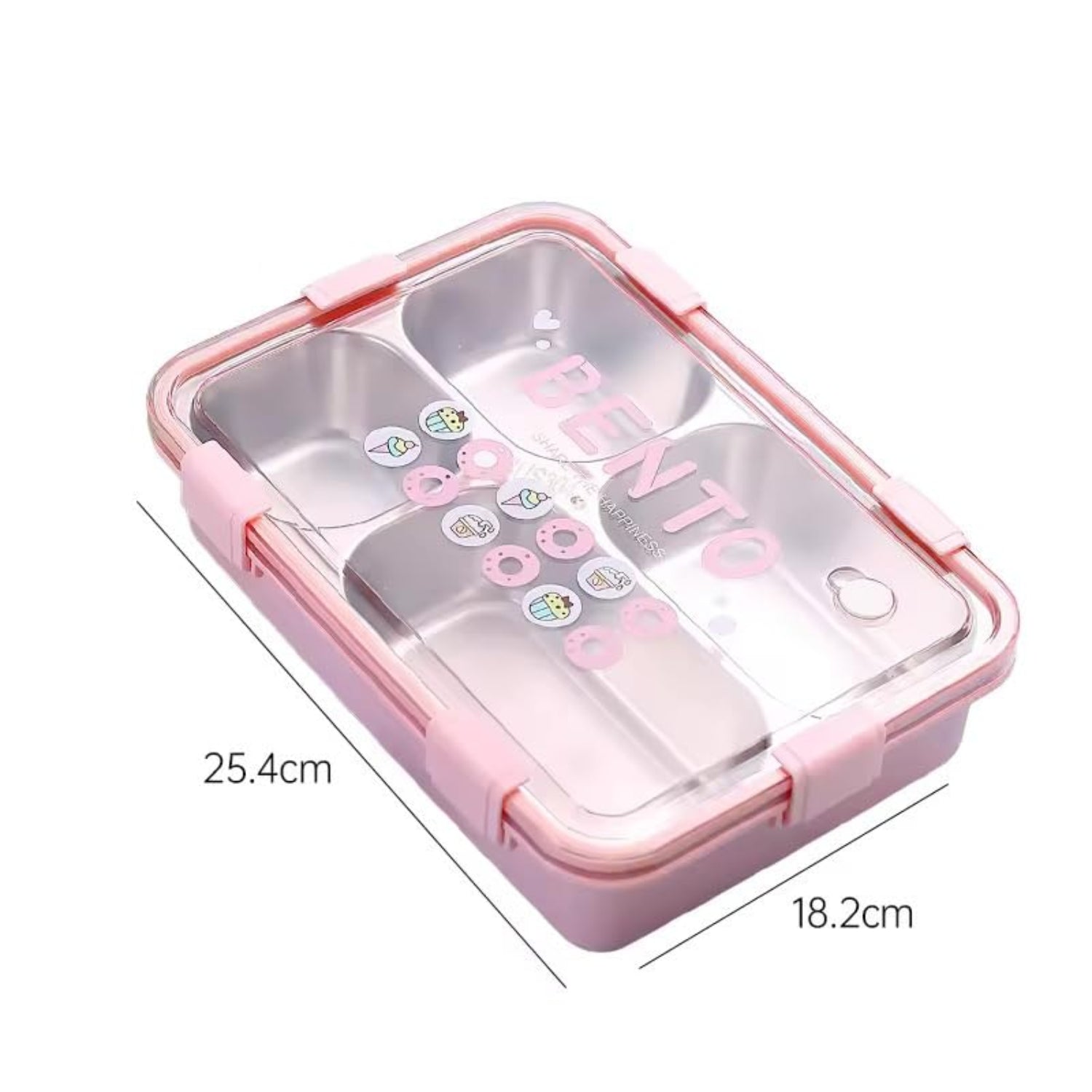 Stainless Steel Lunch Box with Fork, Chopstick & Spoon 4 Compartment for School Kids - Pink 1000ml