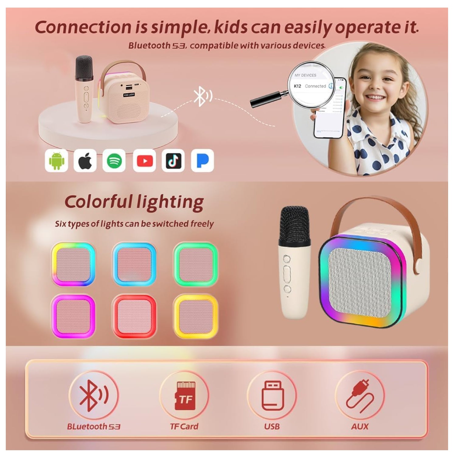 Karaoke Bluetooth Speaker with Wireless Microphone and Dynamic Lights Birthday Gift