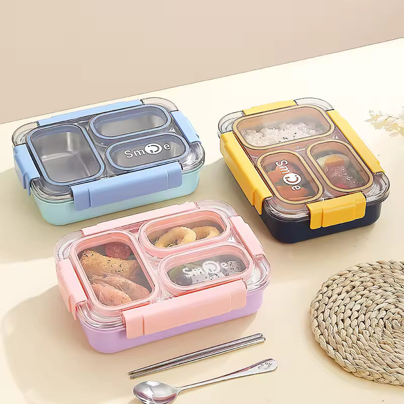 Stainless Steel Lunch Box with Fork, Chopstick & Spoon 3 Compartment for School Kids - Pink (710ML)