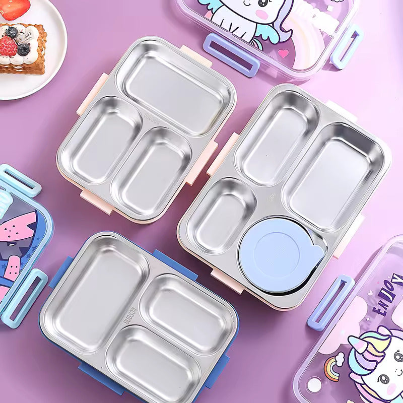 Stainless Steel Lunch Box with Fork, Chopstick & Spoon 3 Compartment for School Kids - Unicorn (850ML)