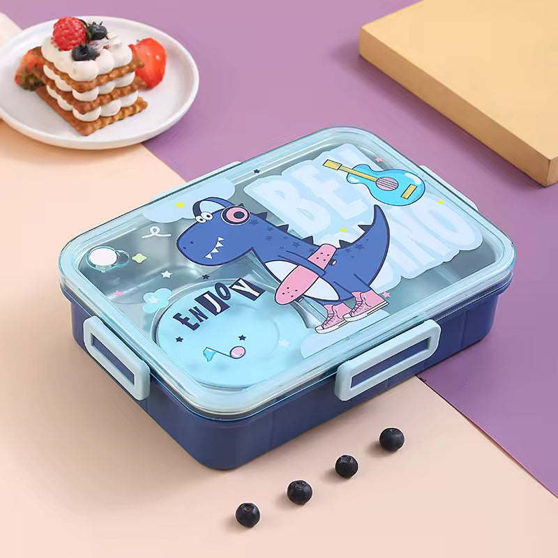 Stainless Steel Lunch Box with Fork, Chopstick & Spoon 3 Compartment for School Kids - Happy Dino (710ML)