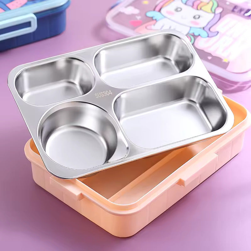 Stainless Steel Lunch Box with Fork, Chopstick & Spoon 3 Compartment for School Kids - Unicorn (850ML)