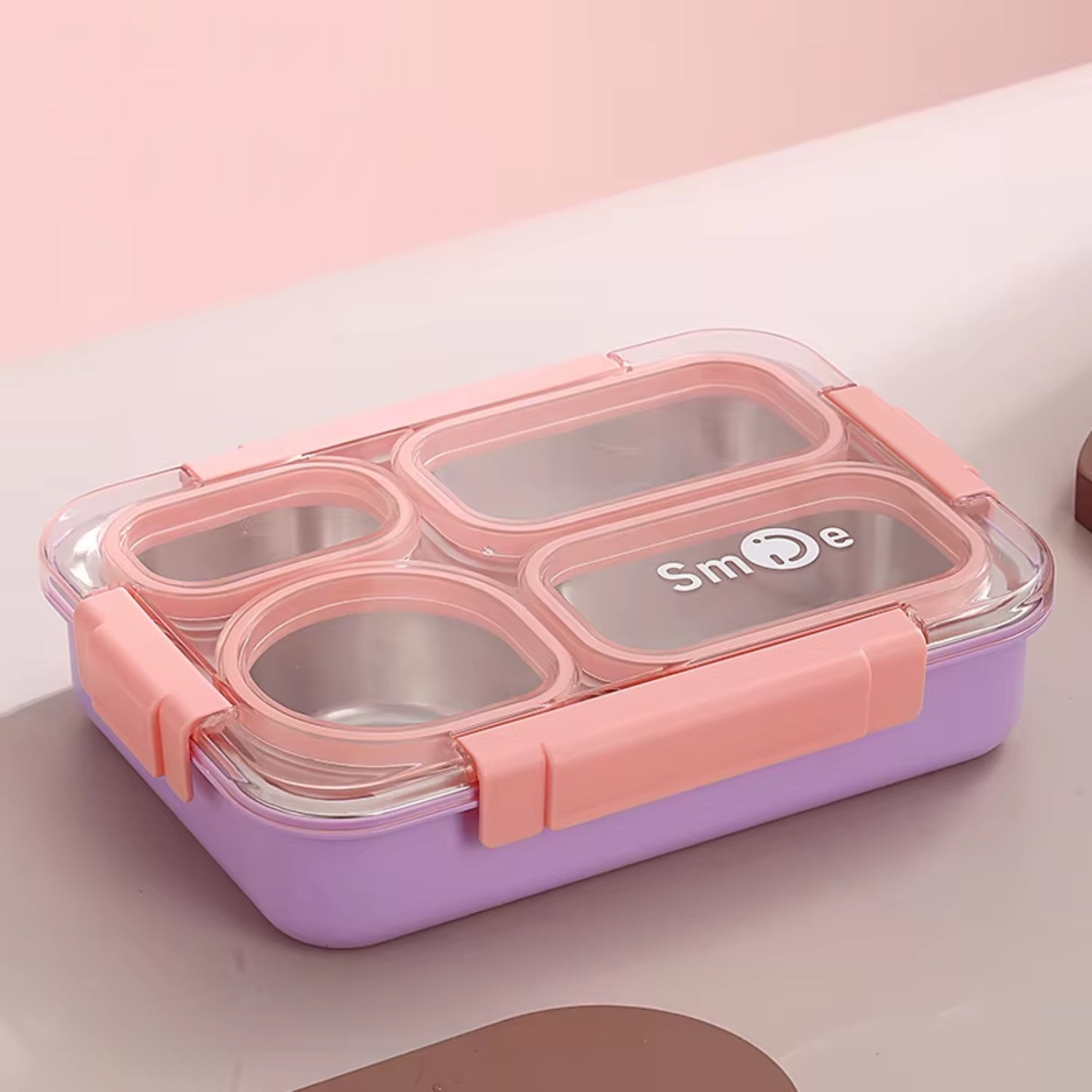 Stainless Steel Lunch Box with Fork, Chopstick & Spoon 3 Compartment for School Kids - Pink (710ML)