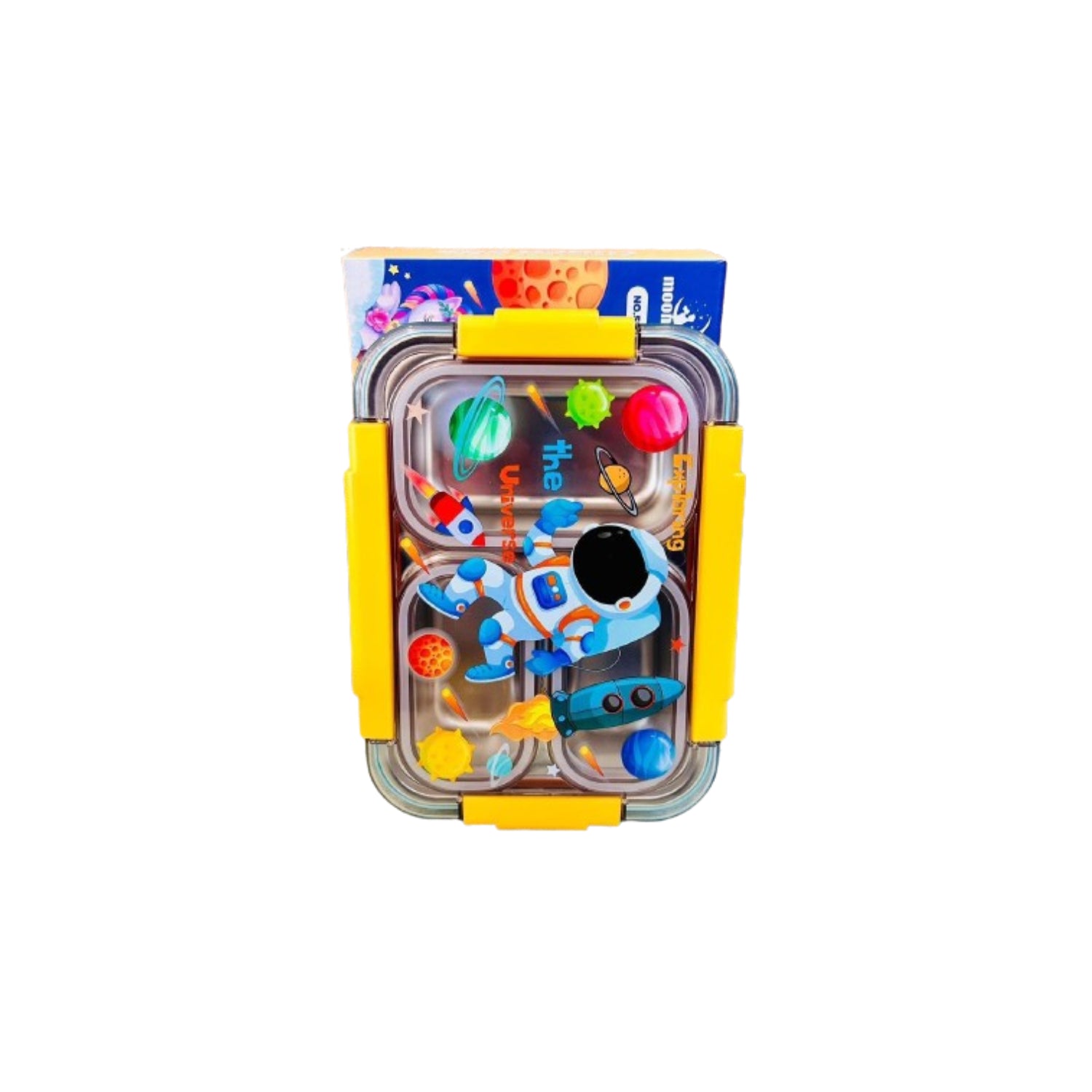 Stainless Steel Lunch Box with Fork, Chopstick & Spoon 3 Compartment for School Kids - Astronaut (710ML)