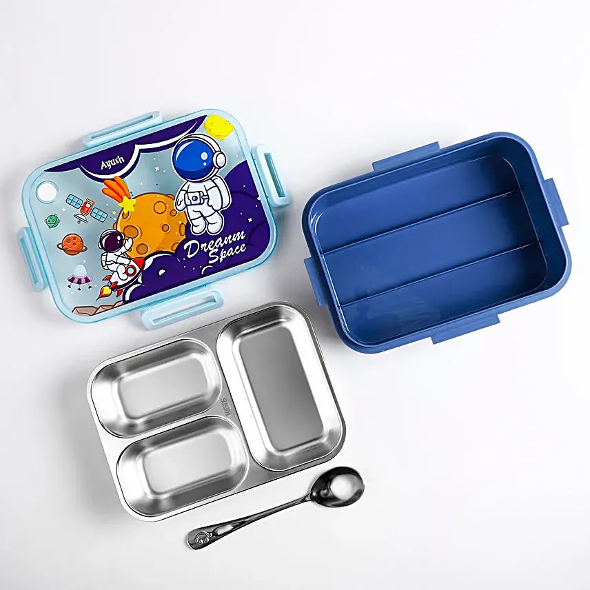 Stainless Steel Lunch Box with Fork, Chopstick & Spoon 3 Compartment for School Kids - Astronaut Space (710ML)
