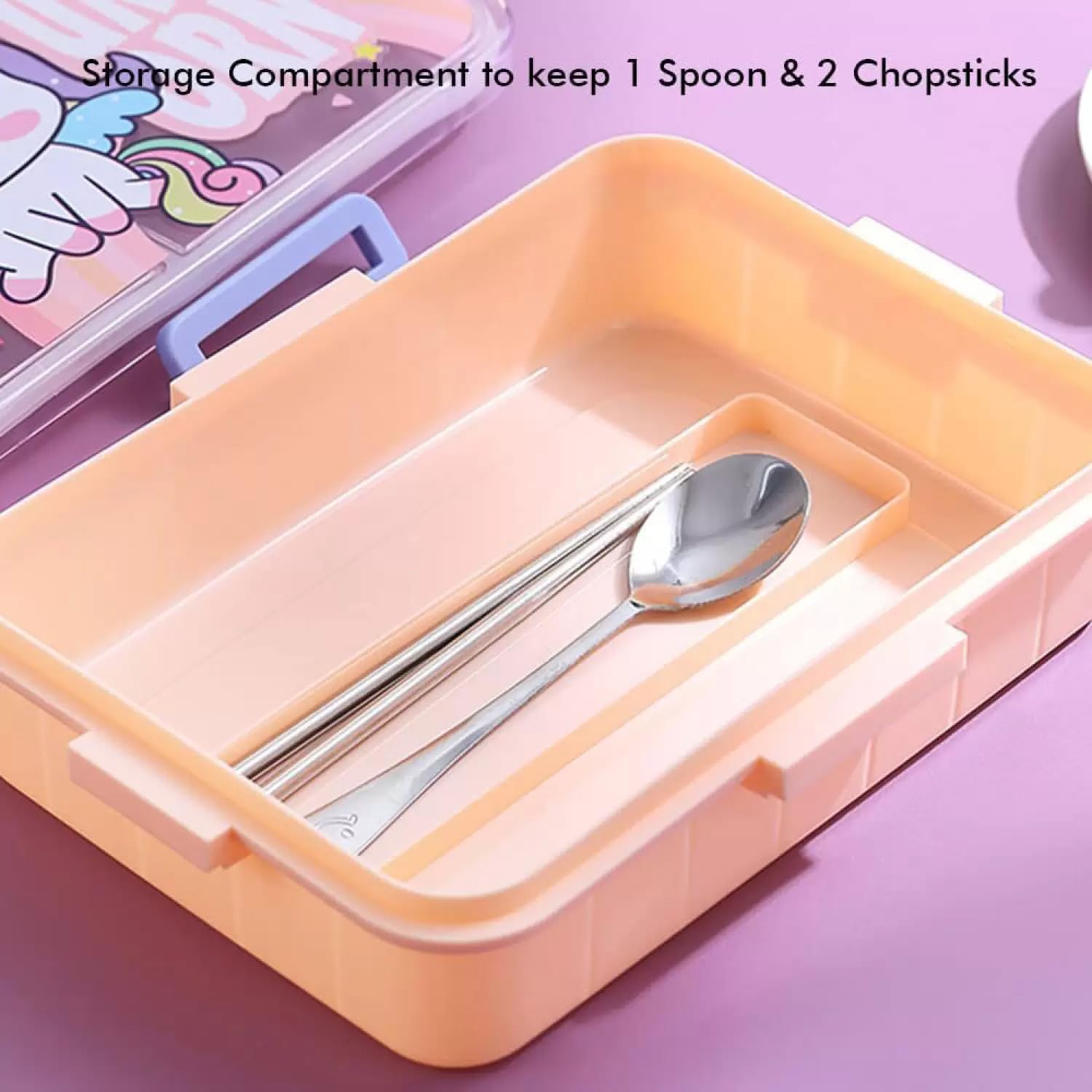 Stainless Steel Lunch Box with Fork, Chopstick & Spoon 3 Compartment for School Kids - Unicorn (850ML)
