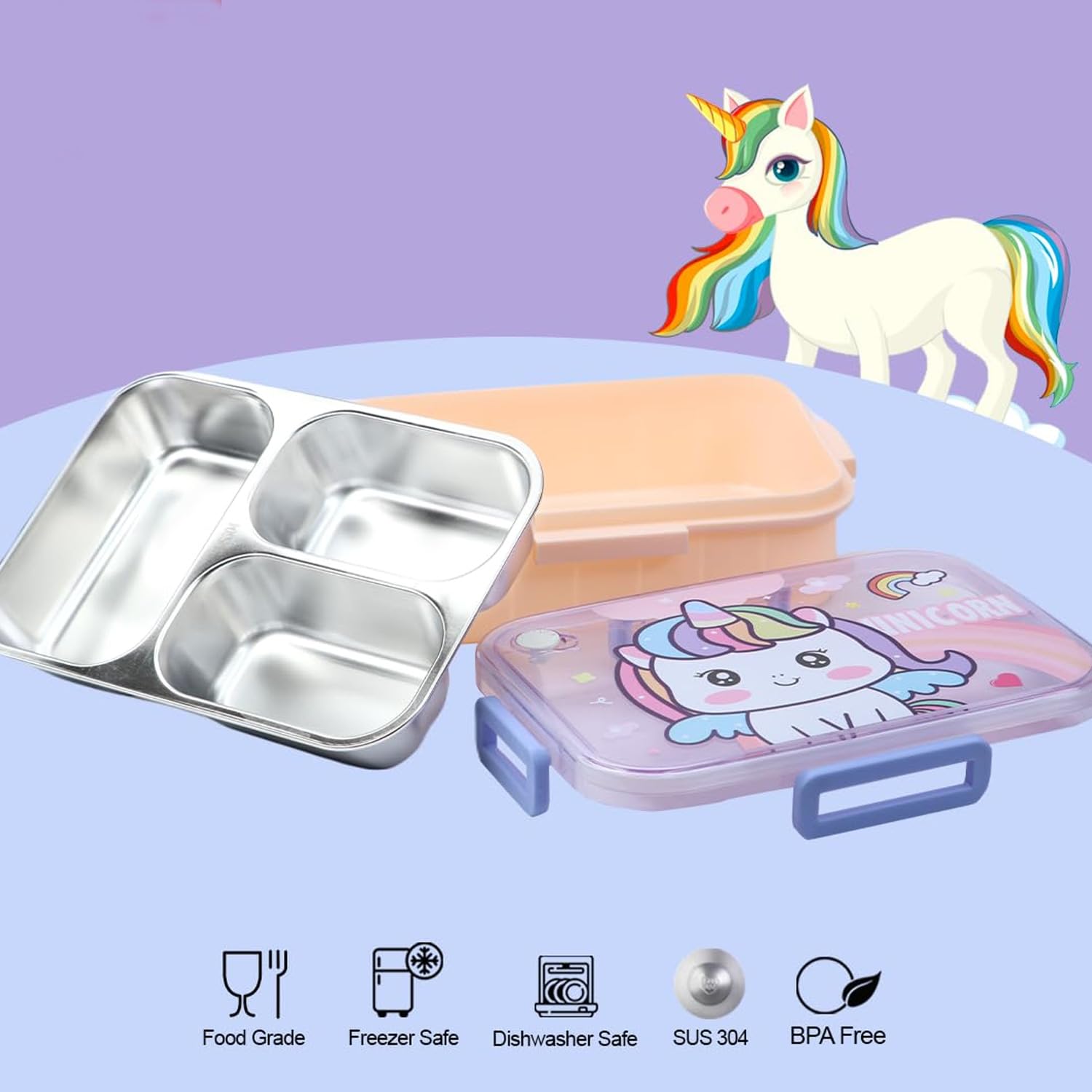 Stainless Steel Lunch Box with Fork, Chopstick & Spoon 3 Compartment for School Kids - Unicorn Magic (710ML)