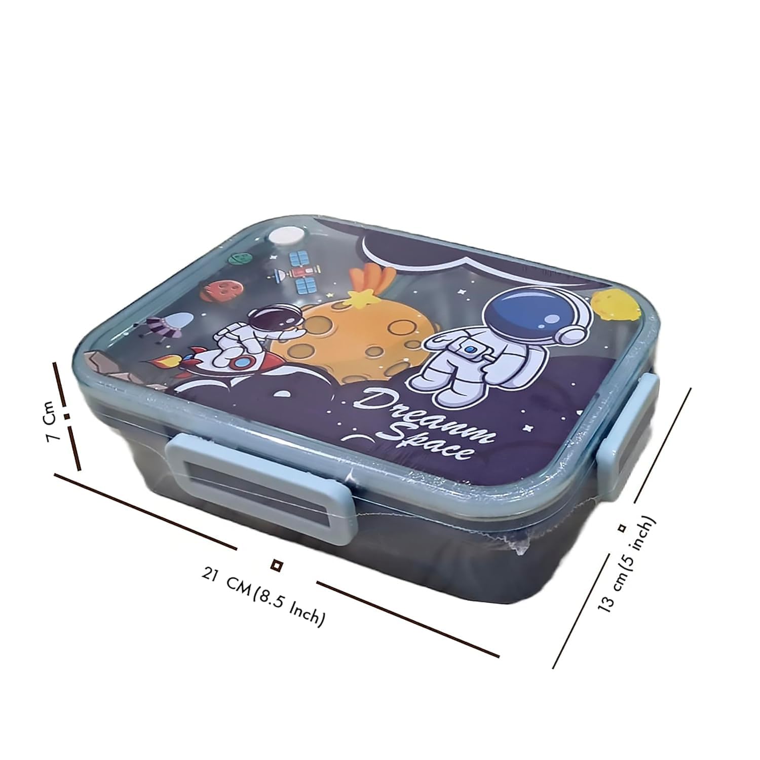 Stainless Steel Lunch Box with Fork, Chopstick & Spoon 3 Compartment for School Kids - Astronaut Space (710ML)