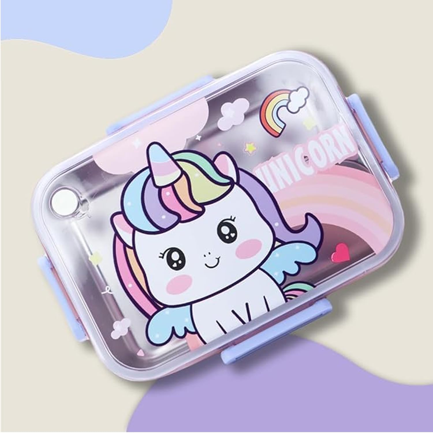 Stainless Steel Lunch Box with Fork, Chopstick & Spoon 3 Compartment for School Kids - Unicorn Magic (710ML)