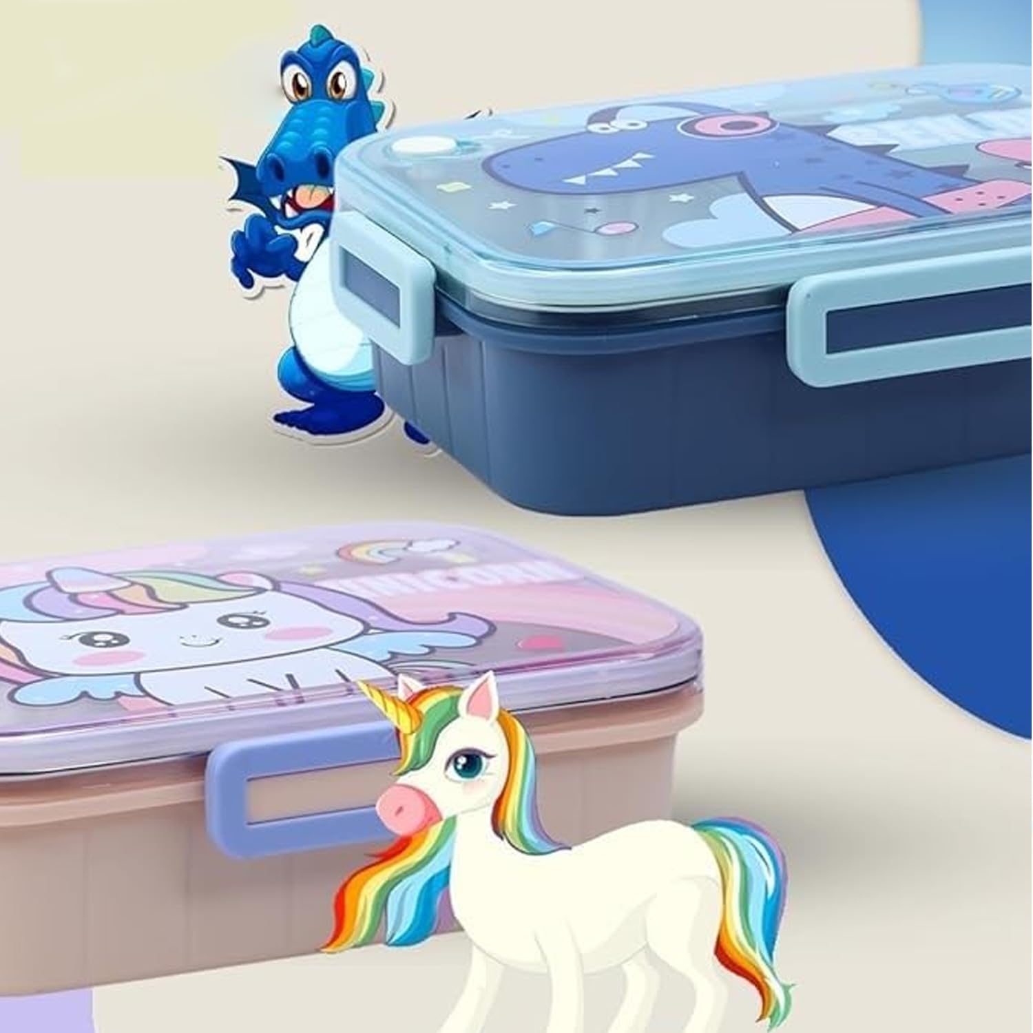 Stainless Steel Lunch Box with Fork, Chopstick & Spoon 3 Compartment for School Kids - Unicorn Magic (710ML)