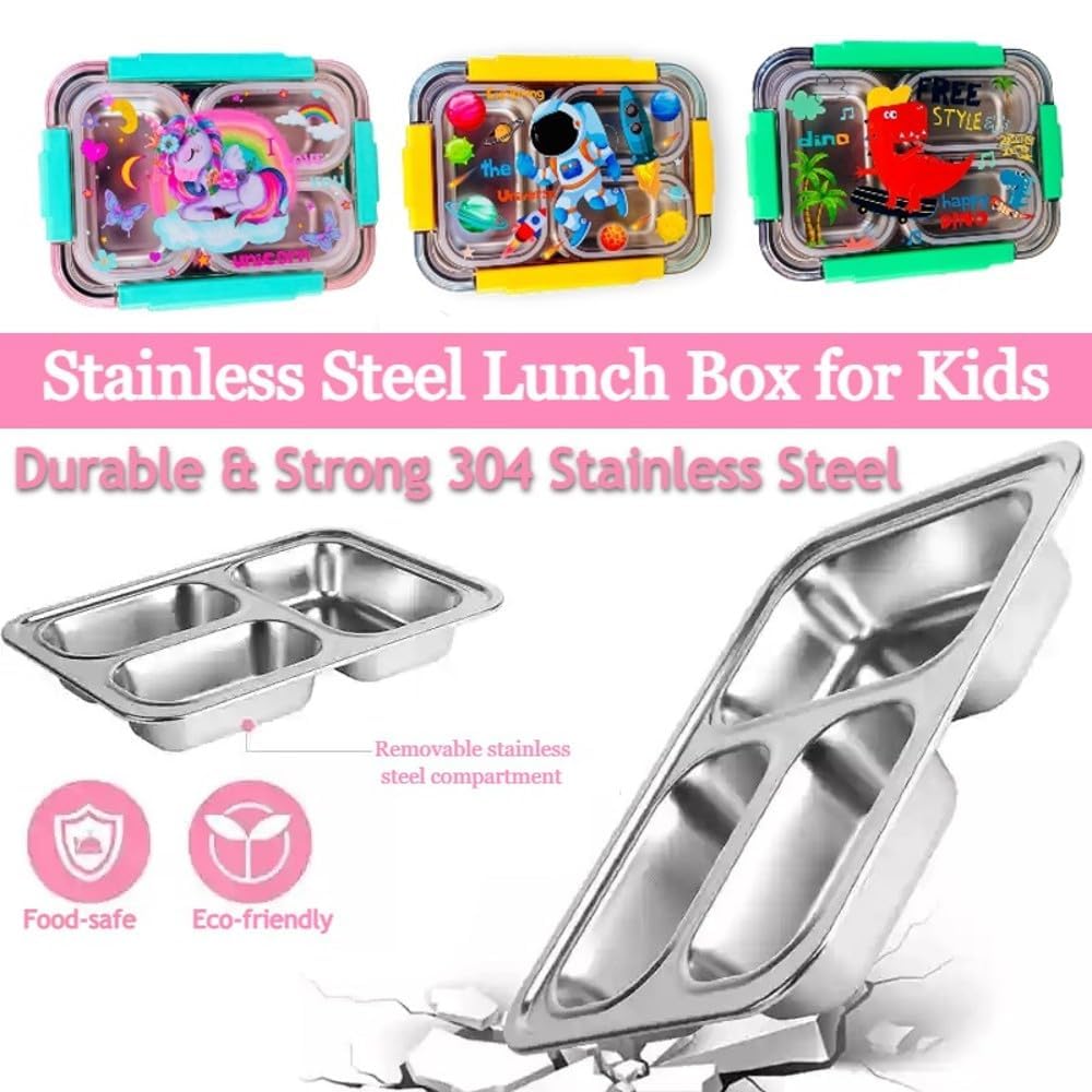 Stainless Steel Lunch Box with Fork, Chopstick & Spoon 3 Compartment for School Kids - Dinosaur (710ML)