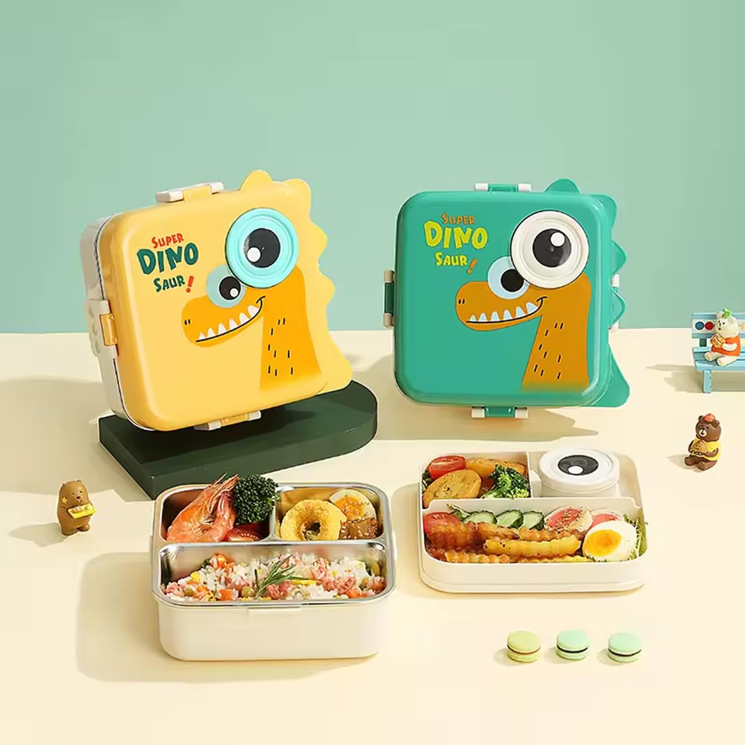 Dino Design School Lunch Box Food Container 1120ml+70ml Stainless Steel Lunch Box for Kids