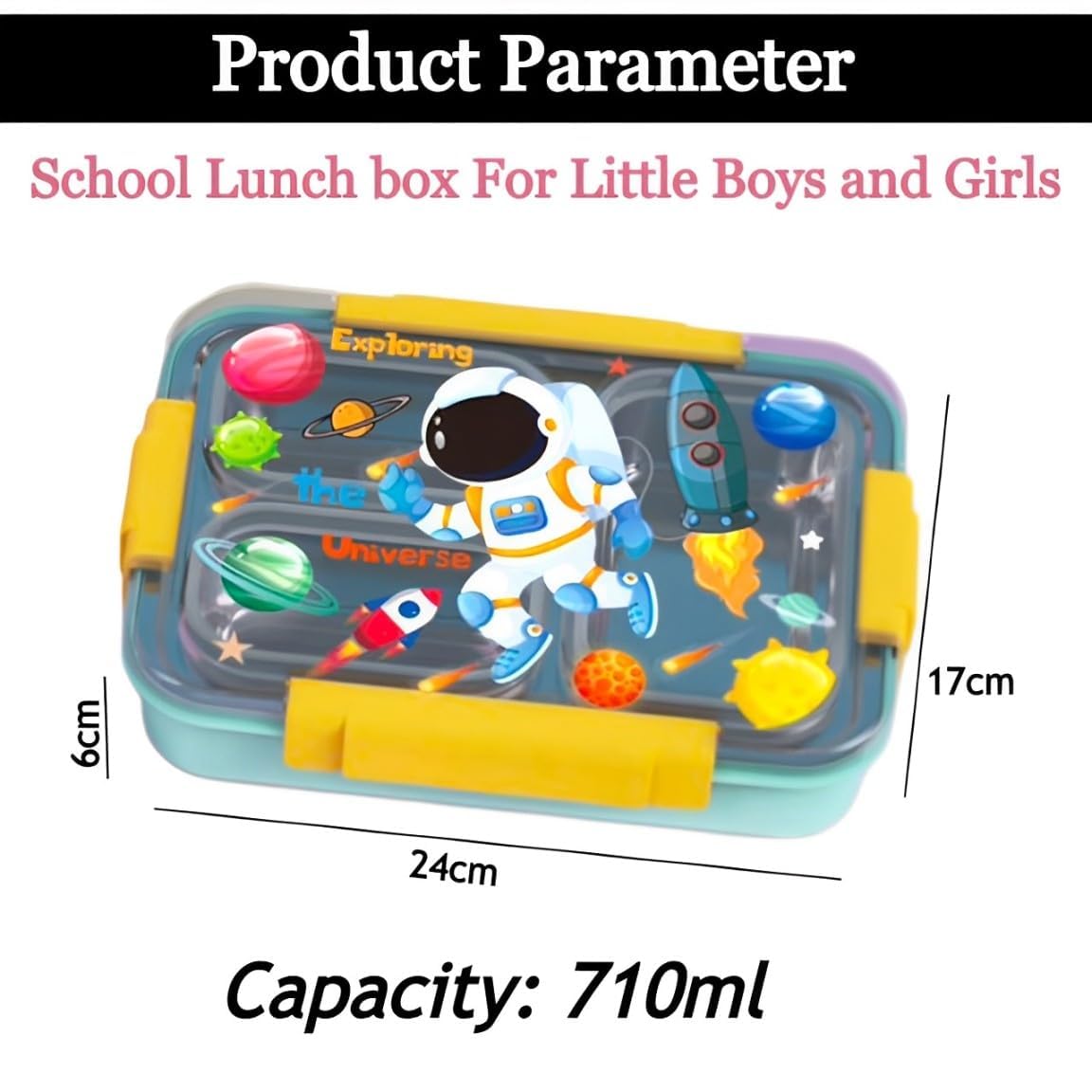 Stainless Steel Lunch Box with Fork, Chopstick & Spoon 3 Compartment for School Kids - Dinosaur (710ML)