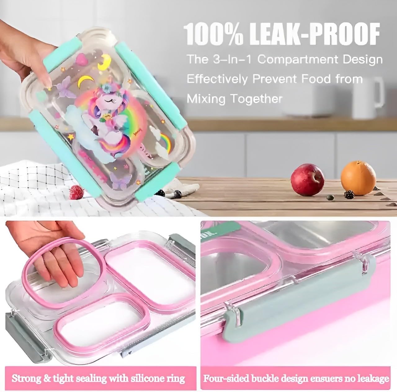 Stainless Steel Lunch Box with Fork, Chopstick & Spoon 3 Compartment for School Kids - Dinosaur (710ML)