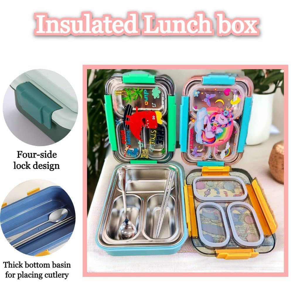 Stainless Steel Lunch Box with Fork, Chopstick & Spoon 3 Compartment for School Kids - Dinosaur (710ML)