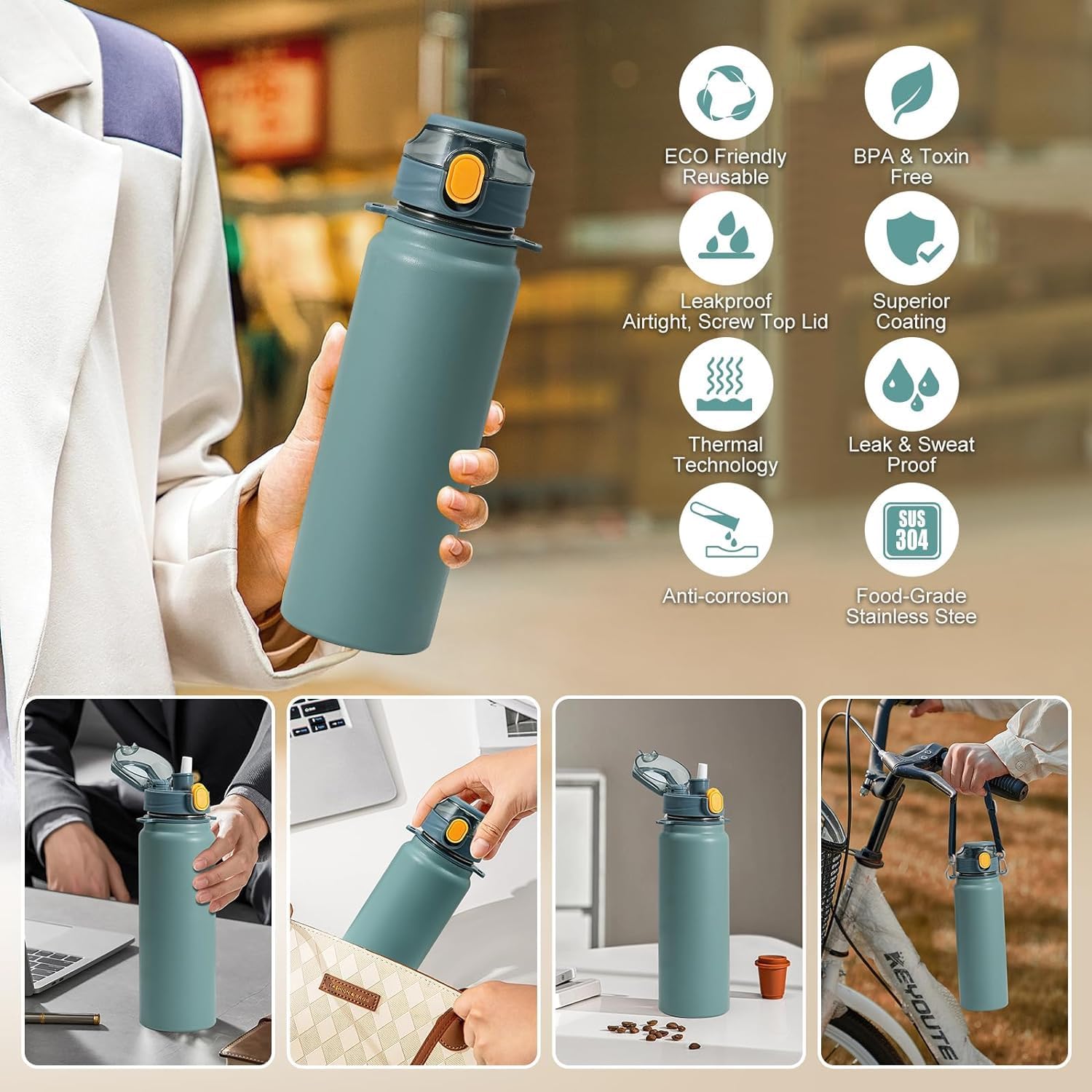 Stainless Steel Vacuum Insulated Water Bottle, 13 hrs Hot & 15 Hrs Cold Thermos - Grey 800ML
