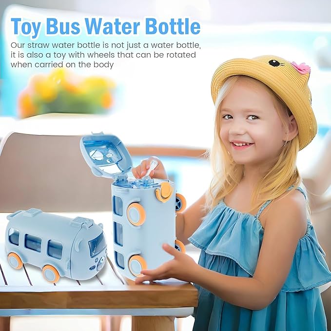 Bus Shaped Water Bottle with Moving Wheels - White (480ML)