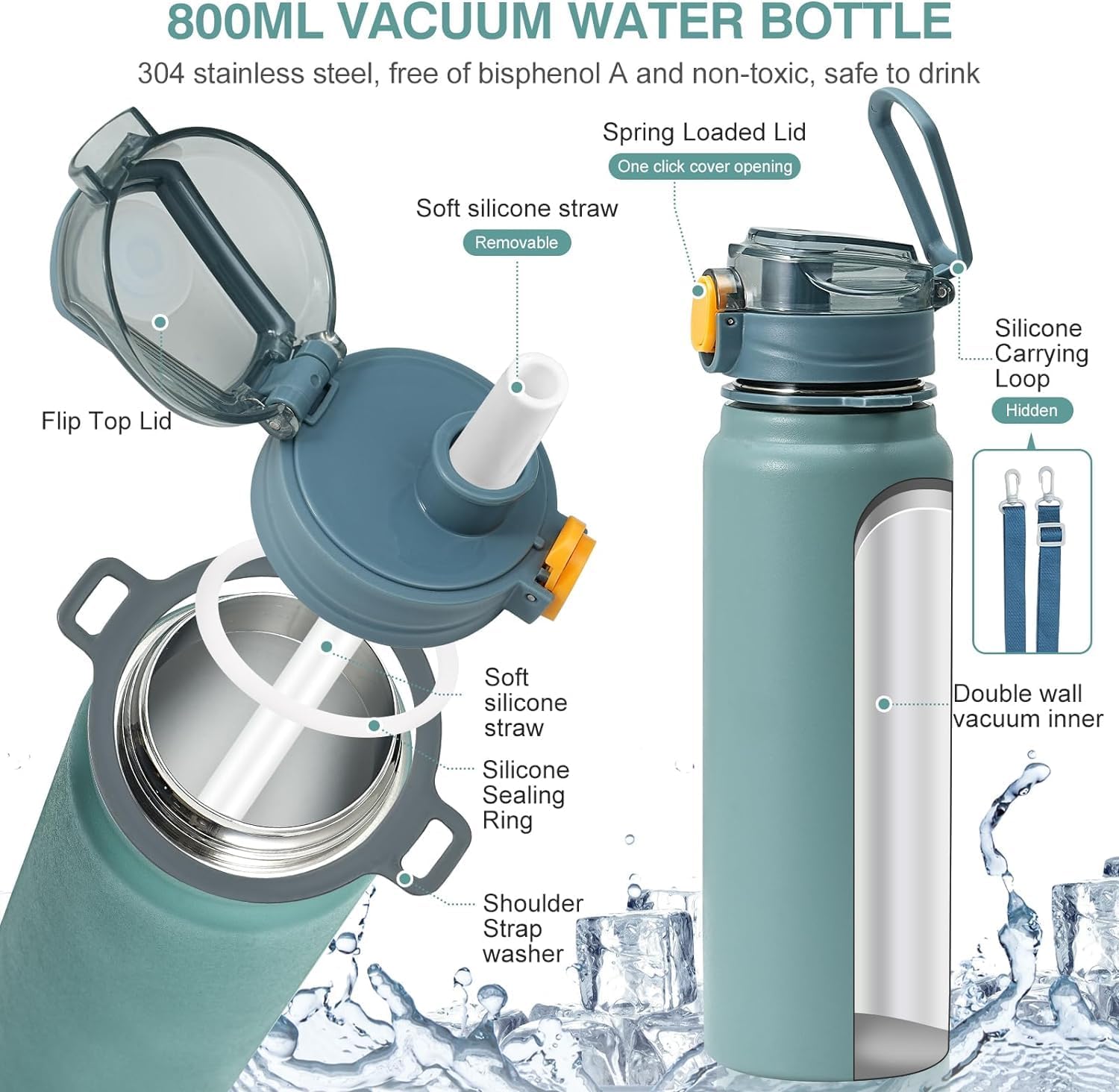 Stainless Steel Vacuum Insulated Water Bottle, 13 hrs Hot & 15 Hrs Cold Thermos - Grey 800ML