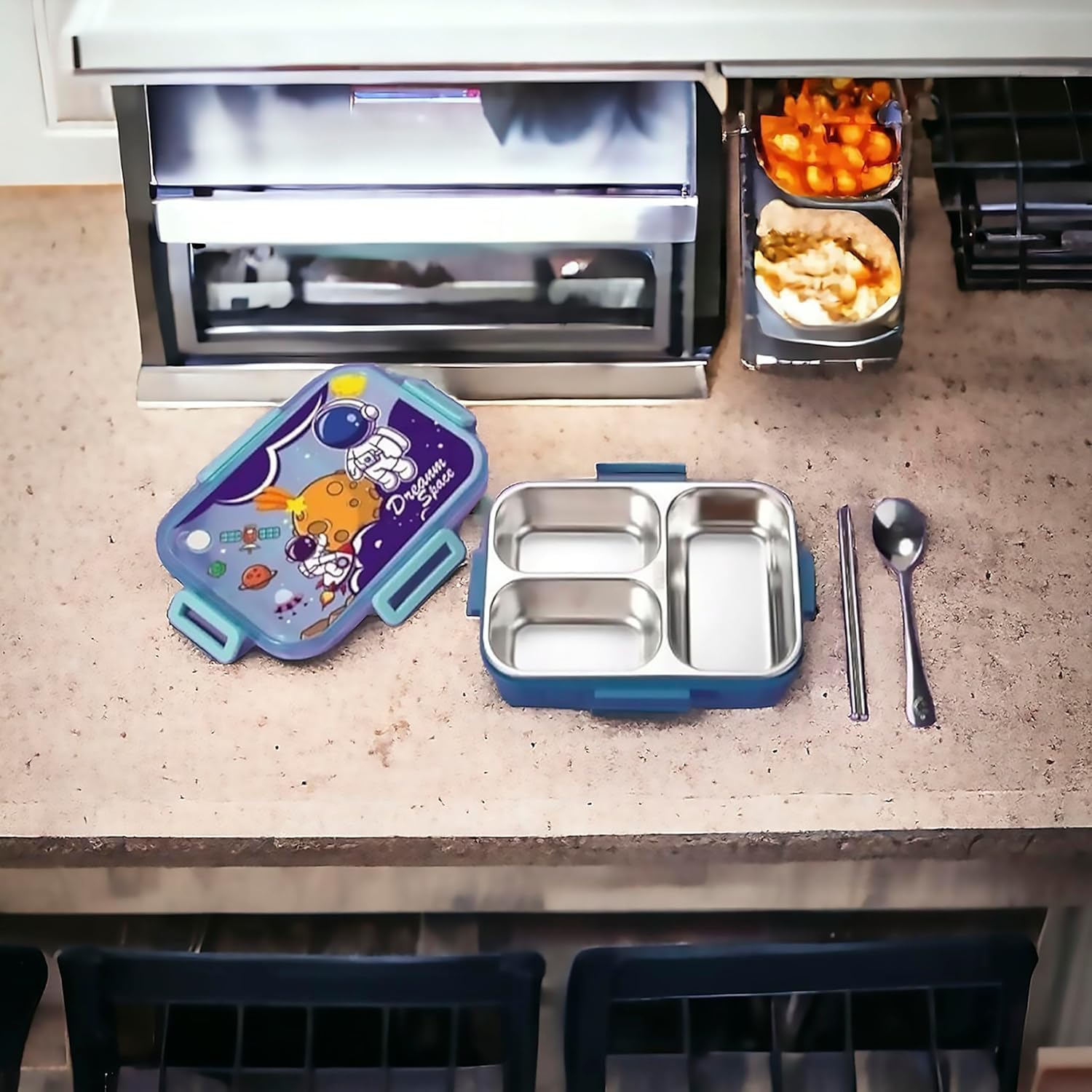 Stainless Steel Lunch Box with Fork, Chopstick & Spoon 3 Compartment for School Kids - Astronaut Space (710ML)