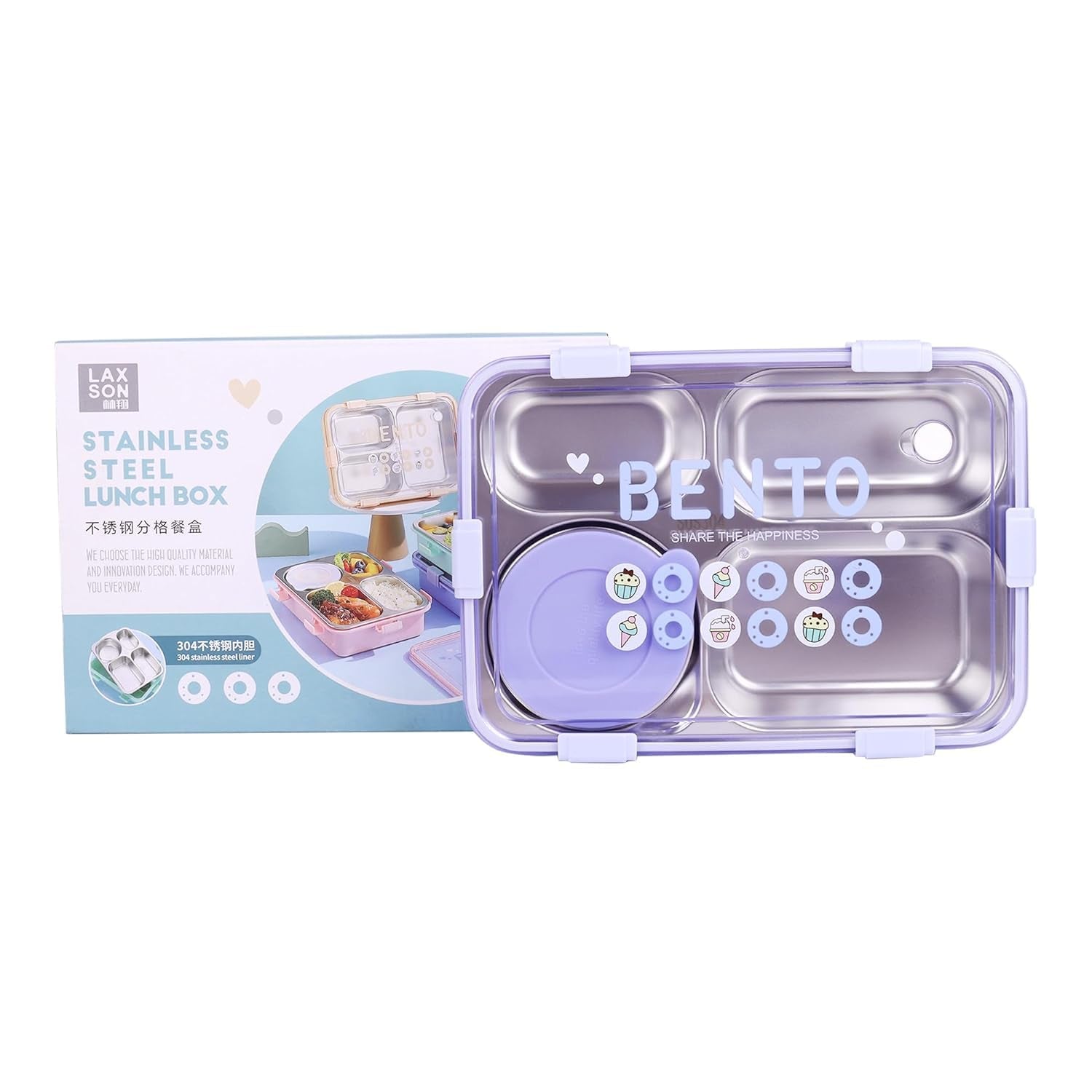 Stainless Steel Lunch Box with Fork, Chopstick & Spoon 4 Compartment for School Kids - Pink 1000ml