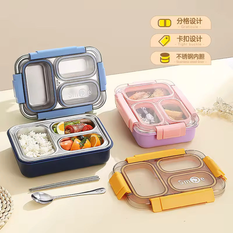 Stainless Steel Lunch Box with Fork, Chopstick & Spoon 3 Compartment for School Kids - Pink (710ML)