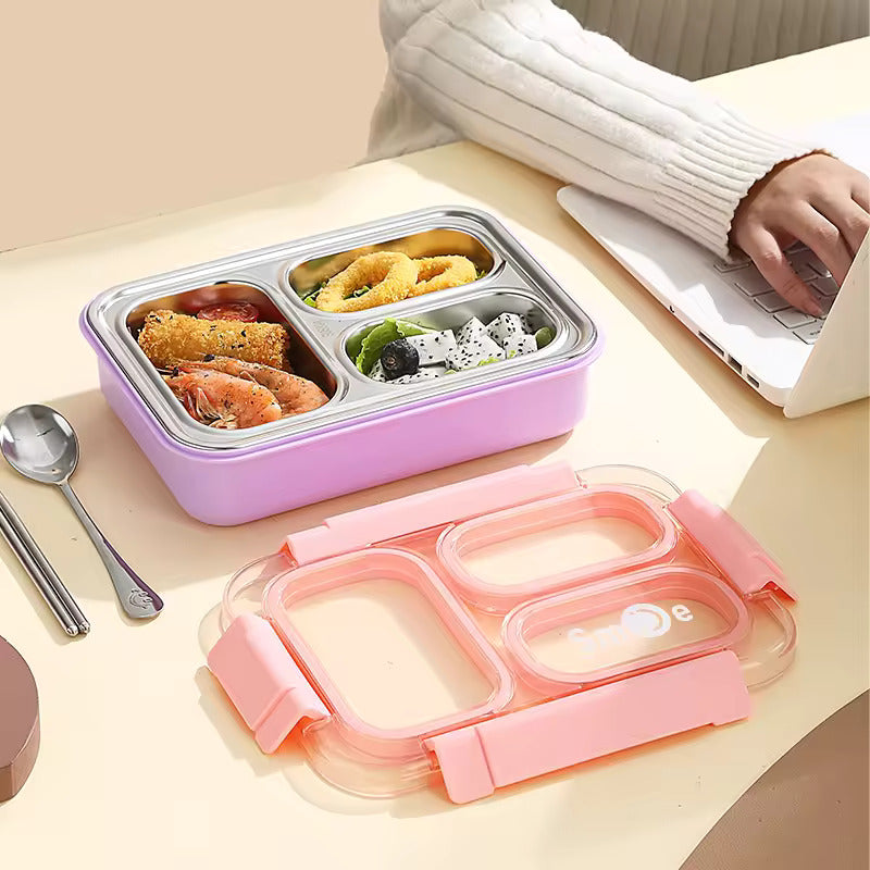 Stainless Steel Lunch Box with Fork, Chopstick & Spoon 3 Compartment for School Kids - Pink (710ML)