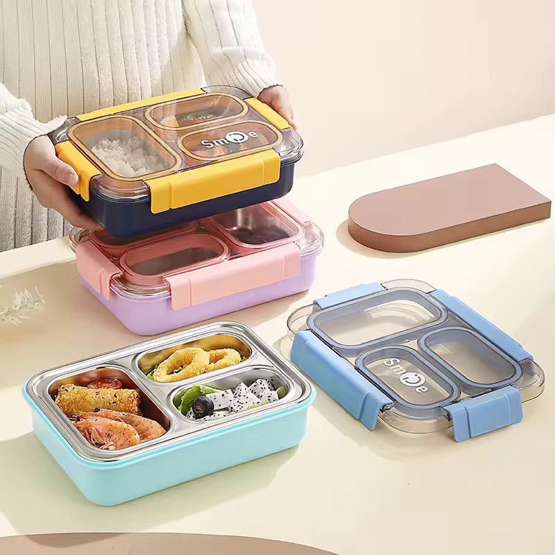 Stainless Steel Lunch Box with Fork, Chopstick & Spoon 3 Compartment for School Kids - Pink (710ML)