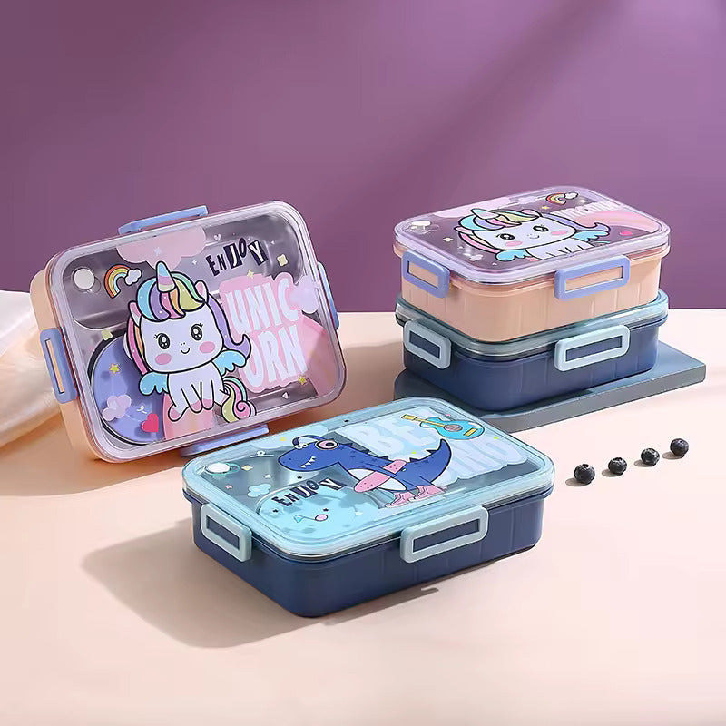 Stainless Steel Lunch Box with Fork, Chopstick & Spoon 3 Compartment for School Kids - Unicorn (850ML)