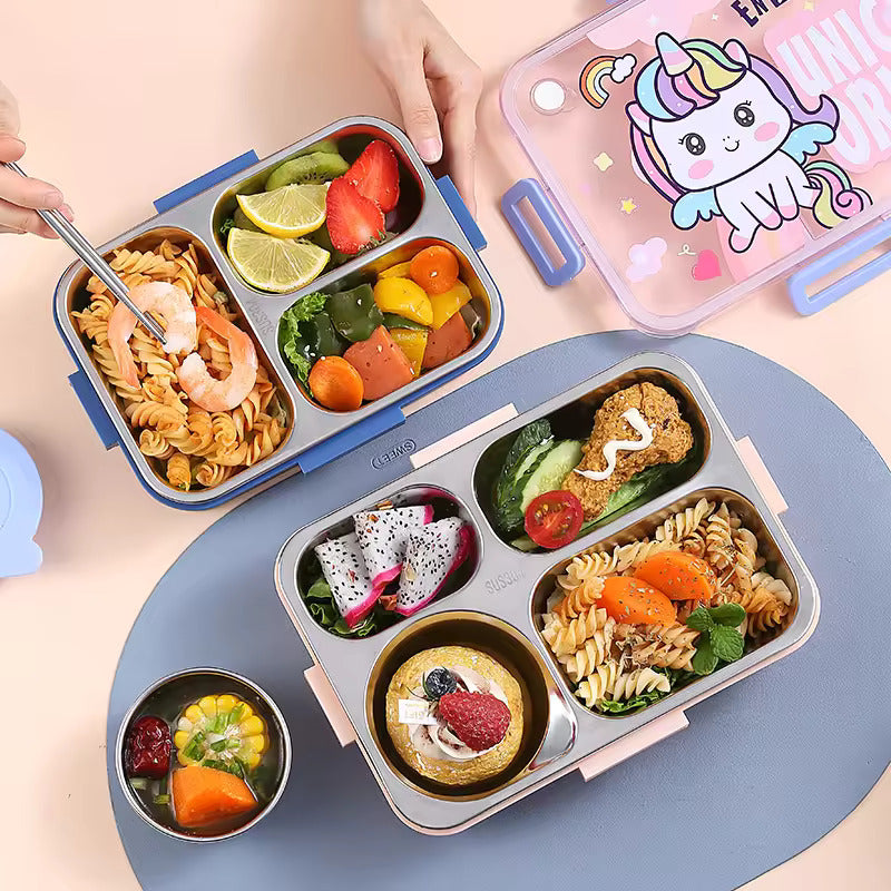Stainless Steel Lunch Box with Fork, Chopstick & Spoon 3 Compartment for School Kids - Unicorn (850ML)