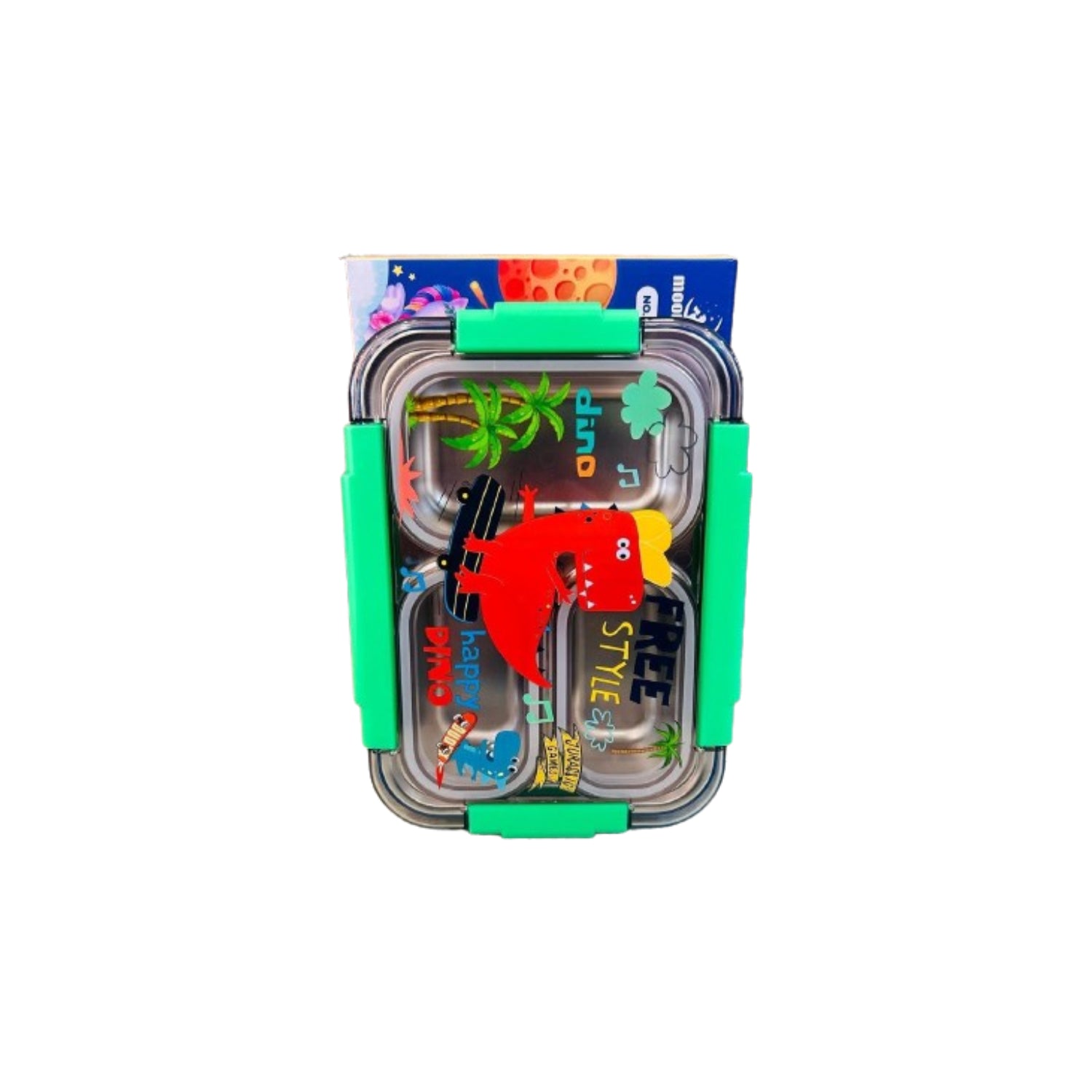 Stainless Steel Lunch Box with Fork, Chopstick & Spoon 3 Compartment for School Kids - Dinosaur (710ML)