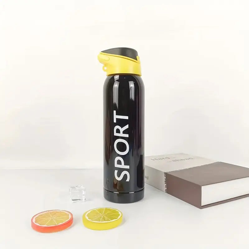 Stylish Vacuum Insulated Stainless Steel Sports Cup with Straw - Black (500ml)