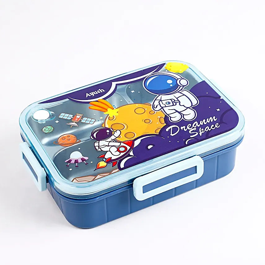 Stainless Steel Lunch Box with Fork, Chopstick & Spoon 3 Compartment for School Kids - Astronaut Space (710ML)